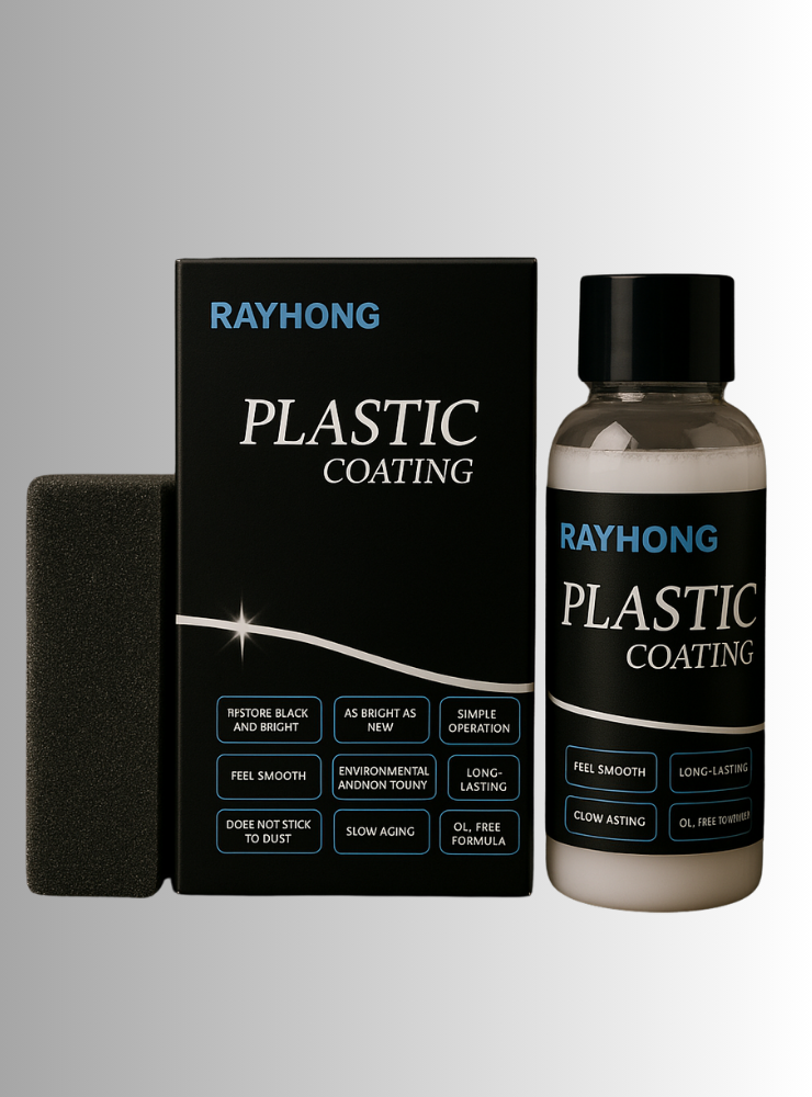 RAYHONG Plastic Coating kit featuring a black box, a clear bottle with a black cap containing a beige liquid, and a dark gray applicator sponge on a light gray gradient background.