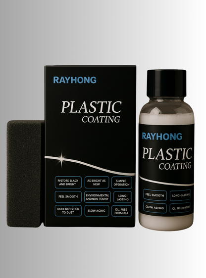 RAYHONG Plastic Coating kit featuring a black box, a clear bottle with a black cap containing a beige liquid, and a dark gray applicator sponge on a light gray gradient background.