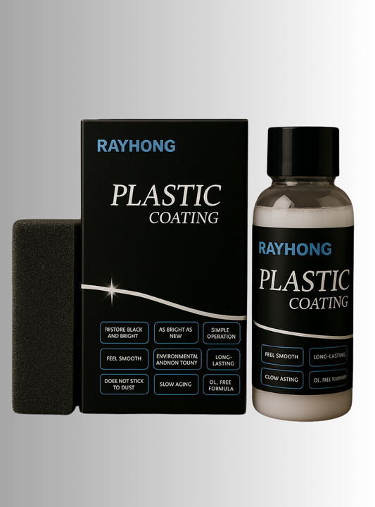 RAYHONG Plastic Coating kit featuring a black box, a clear bottle with a black cap containing a beige liquid, and a dark gray applicator sponge on a light gray gradient background.